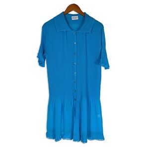 Vintage Blue Textured Dress Button Front Drop Waist Sheer Flouncy M